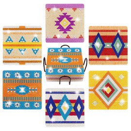 Temlum 6 Pcs Diamond Painting Coasters with Holder, DIY Boho Coasters Square Shape Diamond Painting Kits for Beginners, Adults Art Craft Supplies