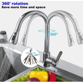 Djedjeo Retractable Pull-Out Kitchen Faucet, 360° Swivel, 3 Function Kitchen Faucet,Water Saving,Hot & Cold,Anti-Corrosion;Stainless Steel Kitchen Sink Faucet(Chrome-Plated - Large Head)
