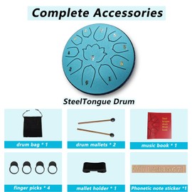 Rain Drum for Outside Garden, 6-Inch Steel Tongue Drum with 11 Notes, Percussion Instrument, Includes Soft Bag, Music Book, and Mallets, Ideal for Meditation, Yoga, and Relaxation (Malachite, 6 inch)