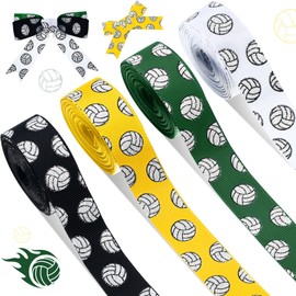 MTLEE 4 Rolls 20 Yards Volleyball Ribbons Glitter Volleyball Decorations Sports Ribbons for Crafts Team Ribbons Grosgrain 7/8-inch Ribbon for Sports, 0.88 Inch(White, Black, Yellow, Green)