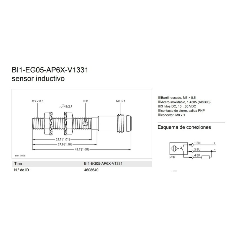 Sensor Inductivo Turck Bi1-eg05-ap6x-v1331 Ip67 4608640 Pnp