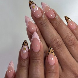 24 Pcs Medium Almond Press on Nails Nude Fake Nails Pink Flower False Nails with 3D Water Ripple Design Full Cover Artificial Acrylic Nails Press ons Reusable Almond Nail for Women