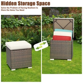 DORTALA 2 Pieces Patio Wicker Ottomans, Outdoor PE Rattan Side Table with Storage Cabinet, Cushions, Foot Rest for Couch, Chair, White