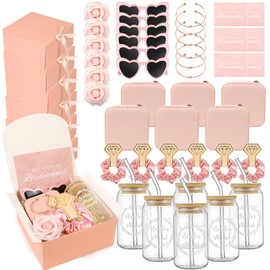 HOMENERGY Bridesmaid Proposal Gifts Set 6 - Will You Be My Bridesmaid Kit with Elegant Box Jewelry Box Glass Cup Invited Cards Knotted Bracelets Sunglasses Scrunchies Raffia Grass (Pink, 54 Pcs