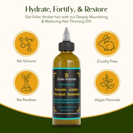Hair Oil for Dry Hair - Cold-Pressed Rosemary Oil, Avocado, Flaxseed, & Jojoba - Dry Scalp Treatments for All Hair Types - Deeply Nourishing & Reducing Hair Thinning Oil by Zasha Naturals, 8 fl.oz