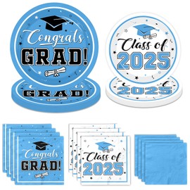 Graduation Party Plates and Napkins Sky Blue Class of 2025 Grad Congrats Party Supplies Disposable Dessert Paper Plates Cocktail Napkins for Graduation Party Decorations,Serve 50