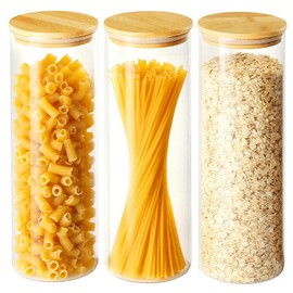 Glass Food Storage Containers for Pasta Spaghetti, 11in Tall Glass Jars with Airtight Bamboo Lids, Kitchen Storage Pantry Jars Organizers, For Cookies Flour Cereal Coffee Beans (Set of 3)