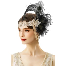 BABEYOND Flapper Headpiece for Women - 1920s Headband Roaring 20s Gatsby Accessories Peacock Feather Tassel Chain(Black)