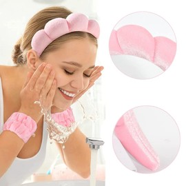 Diadema de Spa y Muñequeras de Toalla para Mujer Lavar la Cara Maquillaje Cuidado de la Piel (Rosa)