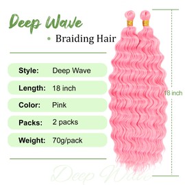 Eerya Long Curly Braiding Hair 18 Inch 2 Packs Pink Ocean Wave Crochet Hair for Black Women Deep Wave Braiding Hair for Boho Braids (18 inch, Pink)