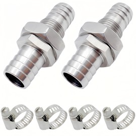 Lophtnix 2PCS 304 Stainless Steel Hose Barb Fitting Thru-Bulk Bulkhead Straight Hex Union 1/4" Barbed x 1/4" Barbed with 4PCS Hose Clamp ﻿