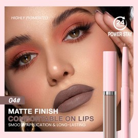 JUAAZIN 2pcs Dusty Rose Matte Lip Liner and Lipstick Makeup Set, Vegan Lipstick Lip Liner and Gloss Set Lip Stain Long Lasting Waterproof Smudge-Proof Properties Non-stick Cup(Dusty Rose 04#)