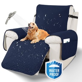 XINEAGE 100% Waterproof Recliner Cover, Non Slip Recliner Chair Cover with Elastic Band, Washable Recliner Slipcover with Storage Pockets for Kids, Pets (Dark Blue, 23")