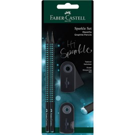 FABER-CASTELL Sparkle Midnight Ocean 118295 Writing Set with 2 Pencils, 1 Eraser and 1 Sharpener