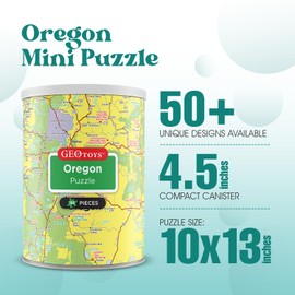 Geotoys Oregon Mini State Puzzle – 100 Piece Puzzles for Kids and Adults in Portable Can, 13" x 10" Educational Travel Puzzle for Ages 7 and Up – Mini Puzzles to Learn & Explore Geography