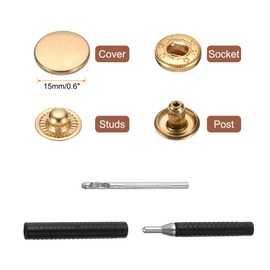 HARFINGTON 25 Set Leather Snap Fasteners Kit 15mm Metal Snap Button Press Studs Leather Rivets Snaps with 3 Setter Tools for Clothes Jackets Jeans Wears Bags, Gold