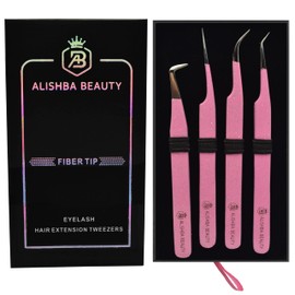 LUMESS Alishba Beauty Eyelash Extension Tweezers, Precision Fiber Tip Grip Japanese Stainless Steel (Set of 4 Eyelash Tweezer) (GLITTER PINK)
