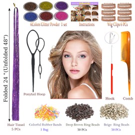 CelineBella Purple Tinsel hair Heat Resistant Fairy Hair Tinsel Extensions 48 Inch 5 PCs Very Cute Easy to Use for Kids Girls(48 Inch Pack of 5Pcs, Deep Purple)