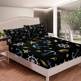 Ocean Themed Bed Sheets Cartoon Anchor Starfish Shell Compass Bed Sheet Set for Kids Boys Girls Nautical Bedding Set Marine Theme Fitted Sheet Decor Bedroom Collection 3Pcs Double Size