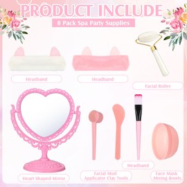 Vertintong 8 Set Spa Party Supplies for Girls Including 8 Heart Shaped Stand Mirrors 8 Jade Roller for Face 8 Face Brushes Kit 8 Face Mask Mixing Bowl 8 Headband for Sleepover Birthday Party Favors