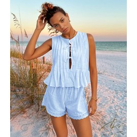 Xfileen Women Summer 2 Piece Sets Fashion Pleated Tie Front Tops and Shorts set Cozy Cotton Pajamas Set