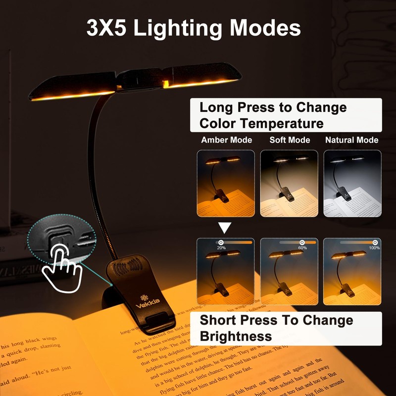 Vekkia 14 LED Rechargeable Amber Book Light for Reading at