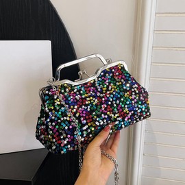 WIGUYUN Women Sequins Evening Bag Paillette Handle Clutch Purse Glitter Kiss-lock Shell Cross-body Wedding Bag,Black