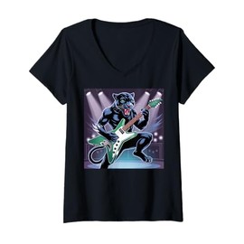 Womens Kids Black Panther Playing Guitar Rock Star Rock and Roll V-Neck T-Shirt