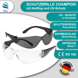 kela Pack of 2 Champion Safety Glasses, 100% Made in Germany, 1 Transparent and 1 Tinted Shatter-Free Scratch-Resistant Work Safety Goggles with Anti-Fog and UV Coating, Sports Glasses