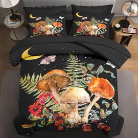 WeCozy 7 Pcs Queen Size Comforter Set with 2 Pillowcases & 2 Shams, Vintage Mushroom Moon Bedding for Kids and Adults, Butterfly Leaves Fern Bed in a Bag with Flat Fitted Sheet