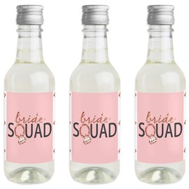 Bride Squad - Mini Wine and Champagne Bottle Label Stickers - Rose Gold Bridal Shower or Bachelorette Party Favor Gift for Women - Set of 16