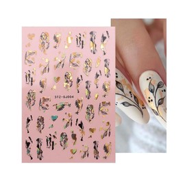 Rose Gold Flower Women Face Leopard Print Nail Sticker Geometric Lines Leaf Sj004 Black Gold Nail Wraps Art Stickers Manicure Supplies for Women for Home Nails Full Long Lasting Easy Apply and Remove