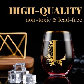 Onebttl Unique Stemless Wine Glasses, Initial Wine Cup for Red or White Wine - 18oz, Monogrammed, Gold - for Women, Girls, Female, Her, Friends, Coworkers, Clients - for Birthday, Christmas