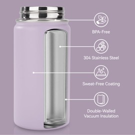 Fijinhom Toddler Water Bottle, 12 oz Kids Vacuum Insulated Thermos for School With Straws Lids, 304 Stainless Steel, BPA-Free, Lilac