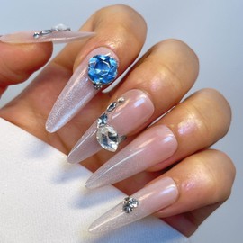 Long Stiletto Press on Nails 30 Pcs Handmade False Nails with Blue 3 D Crystals Designs Cute Glue on Nails Nude Gradient Gel Nail Reusable Artificial Stick on Nails for Women Girls