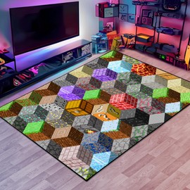 Block Game Rug Teen Boys Carpet with Pixel Games Element Decoration Mat, Cube Block Game Rugs for Boy’s Bedroom Living Room Playroom, Non-Slip Children Gaming Area Rugs (70" x 55")