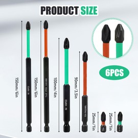 6 Pcs PZ2/PH2 High Magnetic Drill Bit Set, 25L 90L 150L Long Screwdriver Bits, Durable S2 Steel Magnetic Impact Driver Bits for Power Tools, 1/4" Hex Shank Design