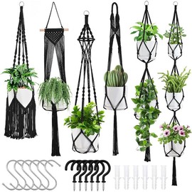 Macrame Plant Pendants, 6Pack Hanging Planters for Indoor Plants w/ 6 Set Pendants Kit Handmade Macromay Plant Pangers Indoor Flower Pots Holder Stand for Boho Home Décor - Color: Black