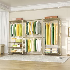 Ulif E1 Heavy Duty Closet Garment Rack, 6 Tiers Adjustable Metal Freestanding Expandable Clothing Storage with 4 Hanger Rods, Easy to Assemble Wardrobe, 71.4" H x (70" - 88.2") L x 14" D, Gold