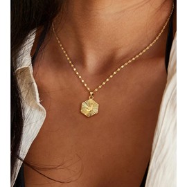 Gold Initial Necklace for Women, 14k Gold Plated Hexagon Letter Necklace for Women Men Birthday Galentines Valentine Gifts Jewelry