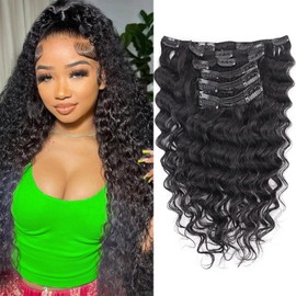 18 Inch Deep Wave Clip in Hair Extensions Real Human Hair for Black Women Full Head 8A Brazilian Real Hair Yaki Human Hair Clip ins Natural Color 6 pcs 16 clips