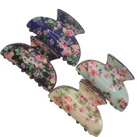 Topkids Accessories Ladies Floral Print Hair Claw Clamp 6.5cm Cream Light Blue Royal Blue Black