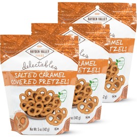 Hayden Valley Foods Salted Caramel Flavored Covered Pretzels | 5 oz Bags (Pack of 3) | No Artificial Flavors, Preservatives or Colors | Gourmet Bulk Holiday Snacks
