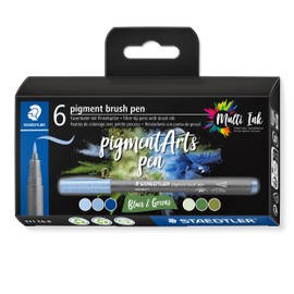 STAEDTLER Brush Pen Pigment Arts, Premium Drawing Ink, Brush Tip for Variable Line Width, Waterproof, Quick-Drying, 6 Brush Pens in Assorted Colours in Cardboard Case, 371 C6-8