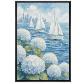 MUDECOR Framed Canvas Print Wall Art Sailboats and Hydrangeas by The Sea Blue Floral Coastal Illustrations Digital Art Decorative Bohemian Contemporary for Bedroom - 24"x36" Black