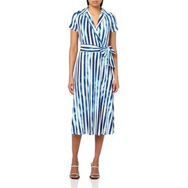 Halston Women's Short Sleeve Collared V-Neck Midi Dress, Aegean/Regent Stripe