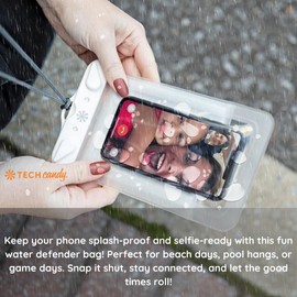 Tech Candy Dry Spell Water Defender Bag, White - Waterproof Protective Pouch for Smartphones & Valuables, Transparent Touchscreen-Compatible, IPX8 Certified, with Lanyard & Secure Lock, Dry Bag