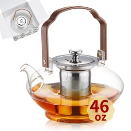 46oz Glass Teapot with Stainless Steel Infuser and Lid, Heat-Resistant Borosilicate Glass Tea Pot for Stovetop & Microwave, with Wooden Handle