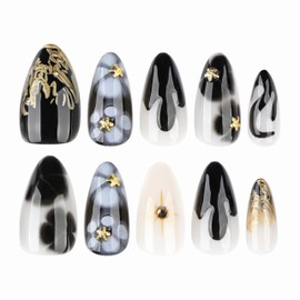 BABALAL Press on Nails Almond Medium Fake Nails Black and Gold Goth Glue-on Flower Acrylic Nails with Charm 24Pcs Y2k Manicure Gothic Full Cover False Stiletto Thick Artificial Nails for Women Girls