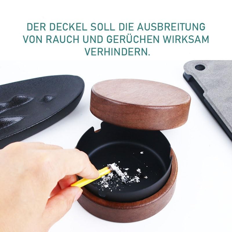 Wooden Wind Ashtray, Ashtray with Lid, Black, Windproof, Odourproof, Suitable